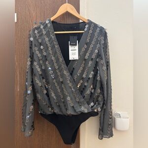 Zara Gray Sequin Wrap Bodysuit